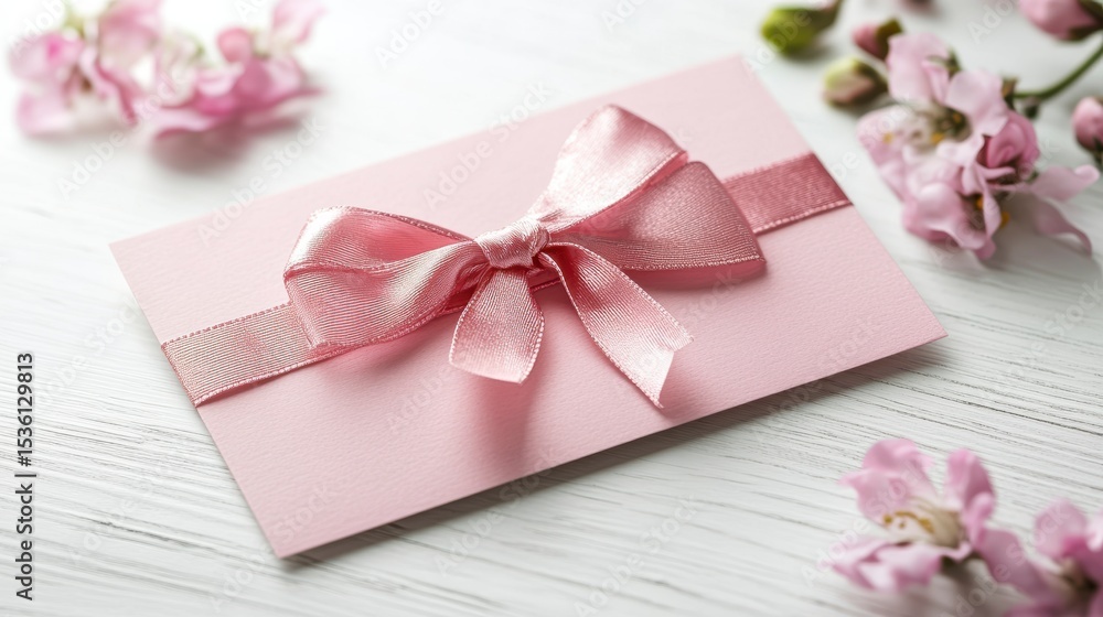 Pink gift card with satin ribbon bow and flowers on white wood. Pink gift card with satin ribbon bow and flowers on white wood.