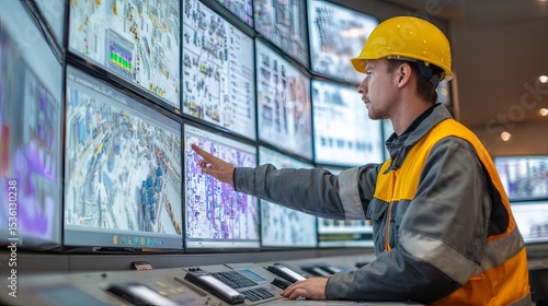 A man in a safety helmet and vest is working in a high-tech control room. He is interacting with large screens displaying maps and complex data.