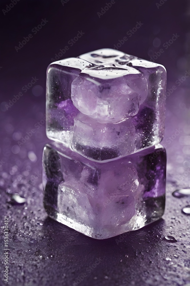 Obraz premium ice cubes on black background.Stacked Purple Ice Cubes with Condensation on a Violet Background