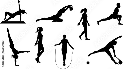 Fitness workout silhouette vector illustration exercises training sport gym aerobics wellness 100 editable stock vector illustration