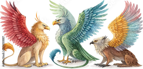 Three Watercolor Griffins