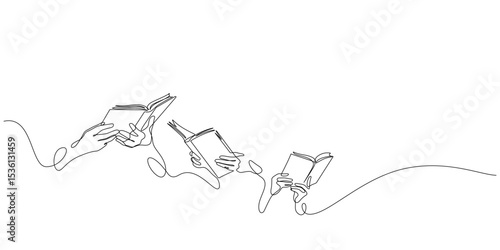 hand holding opened books reading one line drawing continuous copy space minimalist art decorative