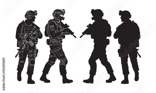 Silhouette vector set of American soldier holding gun. On white background