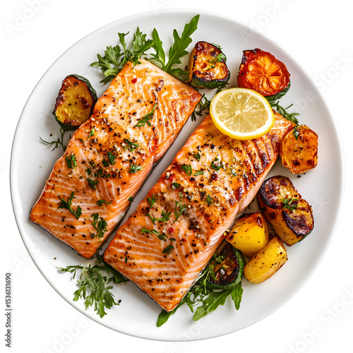 Grilled salmon fillets served with roasted vegetables and lemon on a white plate isolated on transparent background