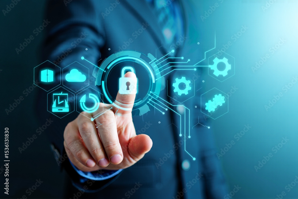 Fototapeta premium Businessman Activating Digital Security System with Padlock Icon