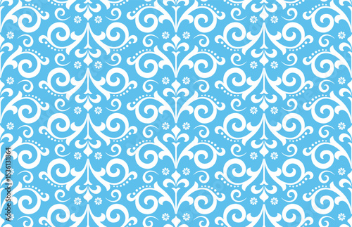 Wallpaper in the style of Baroque. White and blue floral ornament. Seamless vector background. Graphic pattern for fabric, wallpaper, packaging. Ornate Damask flower illustration