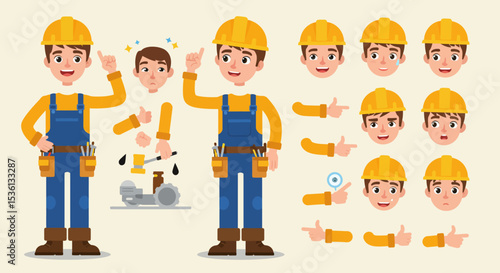 Complete construction worker or foreman male character set with a tool belt. Various poses, heads, and equipment. Vector cartoon man character