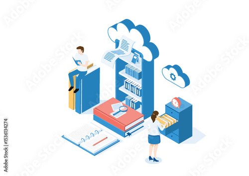 Isometric illustration showing cloud computing, digital archiving, and knowledge management with people accessing books and files online.