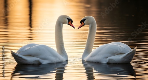 Fototapeta Naklejka Na Ścianę i Meble -  swans on the lake at sunset.Romantic Swans: A Pair of White Swans in Golden Light Reflecting on a Calm Lake
