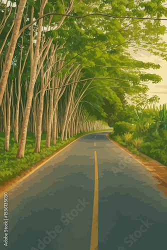 The image shows a serene countryside road winding gently through a lush rubber tree plantation. Tall, slender rubber trees line the left side of the road in neat rows, their pale trunks stretching