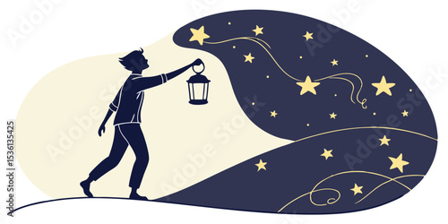 Silhouette of a person holding a lantern with stars and swirls against a night sky background design art