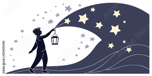 Silhouette of a person holding a lantern releasing stars into a dark blue starry night sky illustration