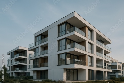 “Modern Apartment Building with Glass Balconies at Sunset – AI Generated”