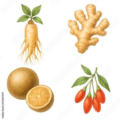 Watercolor Asian Herbal Ingredients Ginseng Ginger Monk Fruit Goji Berries
