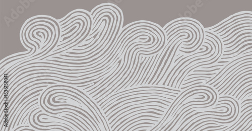 Hand drawn brush lines abstract waves pattern, Japanese and ethnic style ocean ripples background in gray, simple graphic for textile, carpet, decoration
