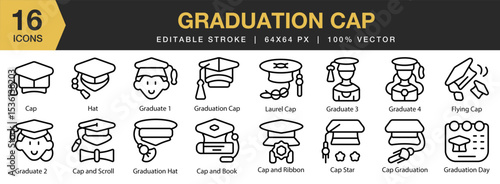 Graduation Cap icon set. Editable Stroke Icon Collection. Includes education, college, graduation, university, school, cap, and More. Outline icons vector collection.