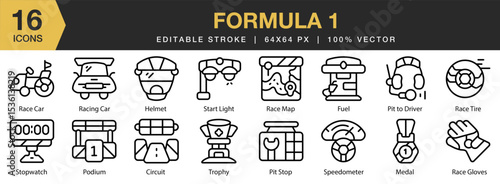 Formula 1 icon set. Editable Stroke Icon Collection. Includes sport, formula, speed, race, car, driver, competition, and More. Outline icons vector collection.