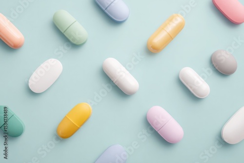 neat and minimalistic display of assorted modern pharmaceuticals with ample copy space
