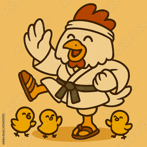 A happy cartoon chicken teaches kung fu to tiny chicks, striking a pose on one foot. It wears a white robe and traditional sandals, adding to its adorable and funky charm.