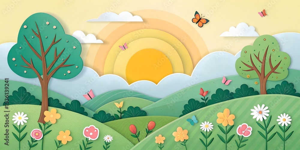 Obraz premium Paper art spring landscape with sunrise and butterflies