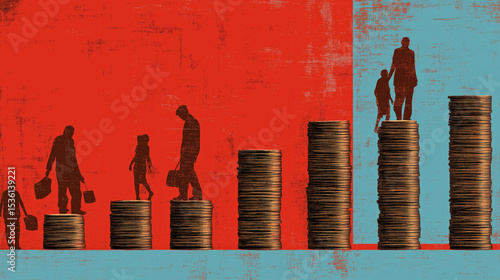 Economic inequality is depicted through silhouettes climbing stacks of coins, symbolizing financial disparity and social mobility challenges. contrasting red and blue background highlights divide