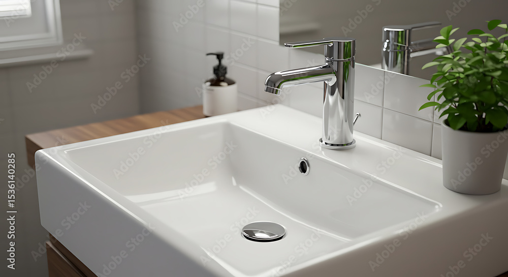 Fototapeta premium Modern Minimalist Bathroom Sink with Chrome Faucet and Herb Plant