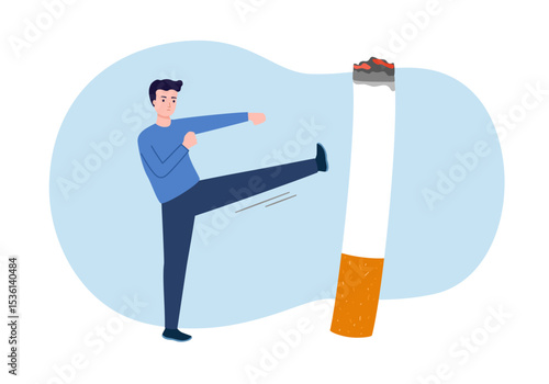 World No Tobacco Day poster design. Man kicking cigarette defines to a man is fighting to quit smoking. Stop smoking poster for disease warning. No smoking banner.