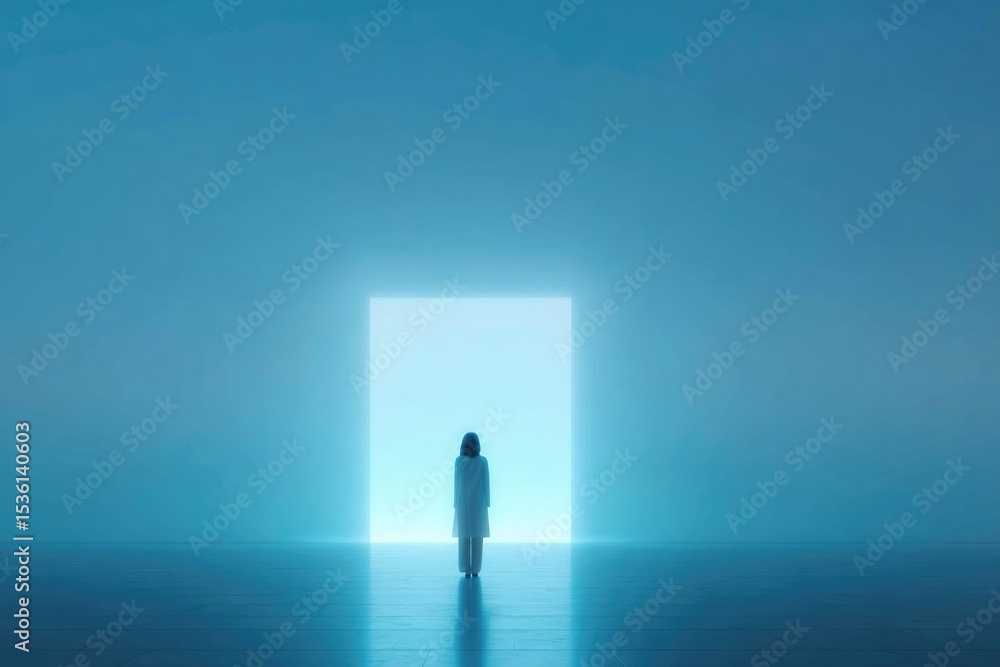Obraz premium solitary figure stands before large untouched mirror their reflection almost perfect parallel providing serene balance