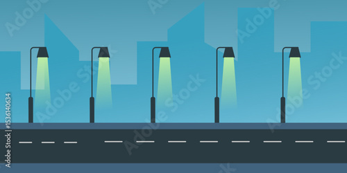 A colorful vector illustration of a city road with glowing street lamps at night. The scene highlights a row of stylish lamps illuminating the path under a deep blue sky. Ideal for digital art, city