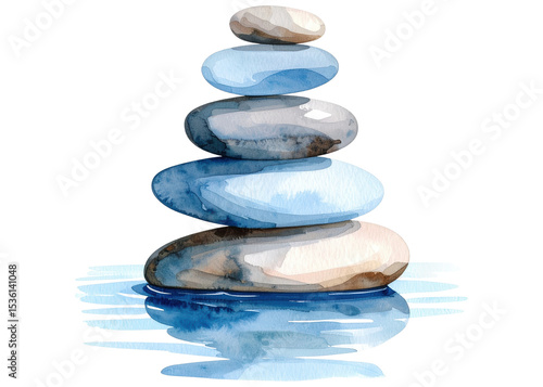 A serene watercolor painting depicting a stack of smooth, balanced zen stones with a gentle reflection, symbolizing peace, balance, and meditation.