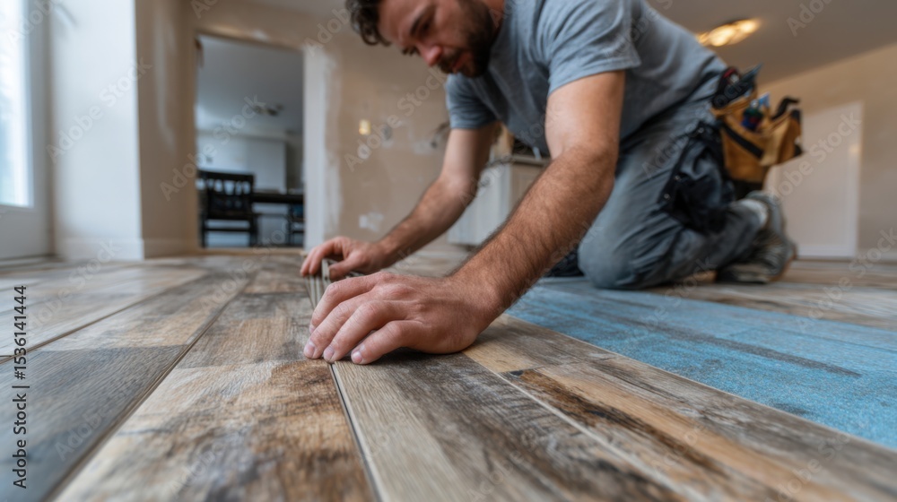 Handyman Hard at Work: A skilled handyman meticulously installs wooden flooring in a newly renovated space, embodying precision, skill, and a dedication to craftsmanship. Handyman Hard at Work: A skilled handyman meticulously installs wooden flooring in a newly renovated space, embodying precision, skill, and a dedication to craftsmanship.