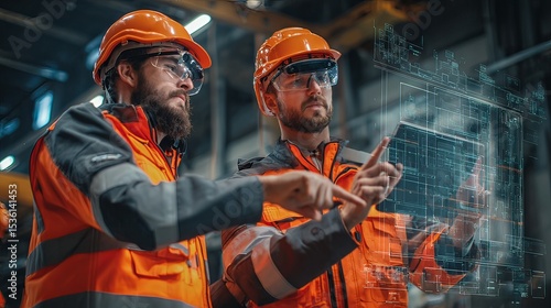 worker with hard hat pointing at digital overlay in futuristic zone