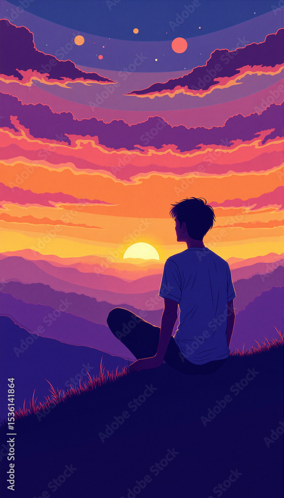 Obraz premium Male silhouette framed against the rising moon during sunset 