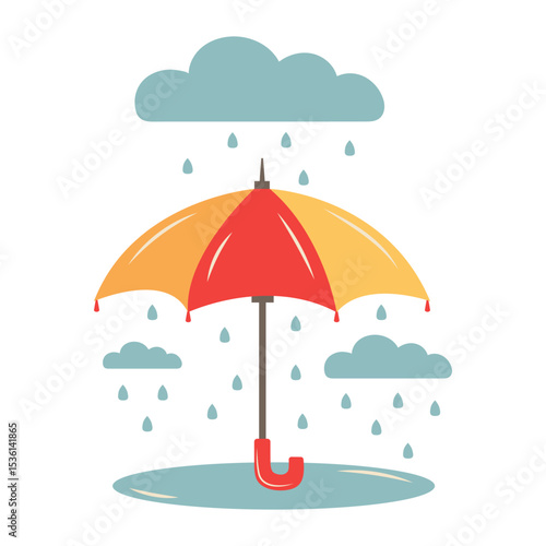 Multi-colored umbrella, clouds with rain and a puddle. Vector illustration isolated on white background