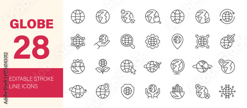 Globe icon set. Containing world, earth, global, country, map, green planet, ecology, care, location and more. Editable line icons. Vector illustration.