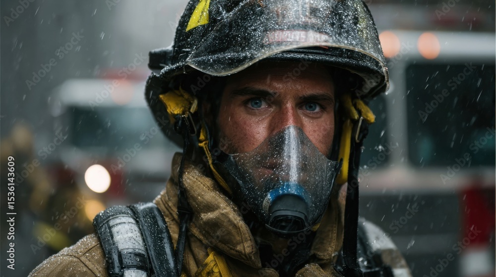 Fototapeta premium Brave Firefighter in Action: A close-up shot of a dedicated firefighter facing the elements, his focused gaze reveals a heart of bravery amid the chaos, embodying heroism.