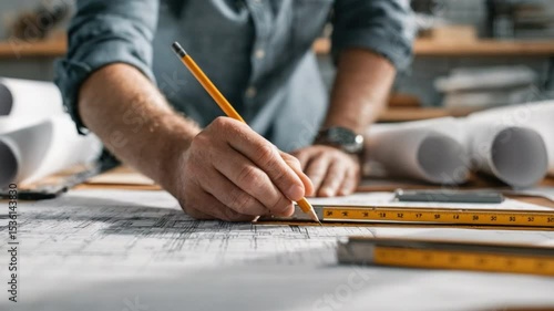 Architect's Precision: Capturing the focused dedication of an architect, meticulously sketching and measuring on blueprints, embodying the essence of architectural design.