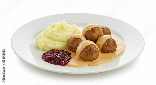 Meatballs with Cream Sauce and Mashed Potatoes on White Plate