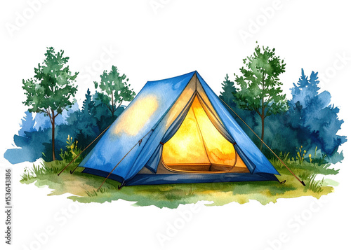 A vibrant watercolor illustration depicts a blue camping tent with a warm, inviting glow emanating from within, nestled in a serene natural landscape.