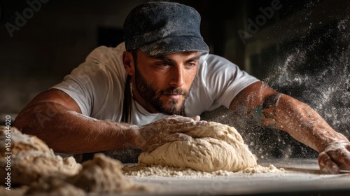 Baker Kneading Dough: A focused baker kneads dough, flour dusting the air, in a dimly lit bakery setting, showcasing the artistry and passion of bread making.