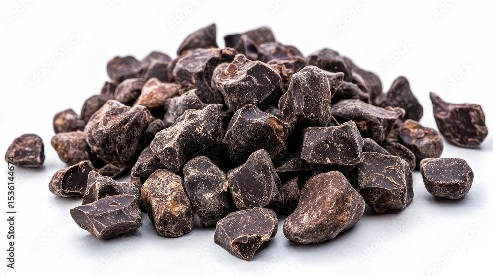 Obraz premium Dark Chocolate Chunks On White. Antioxidant-Rich Cocoa Beans and Bitter Chocolate Chunks Background