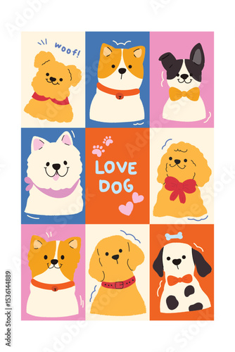 Cute Hand drawn cartoon element with words and quotes vector set. Wallpaper with cute dog different breed. Design for T-shirt, fabric, package, print, screen, sticker.