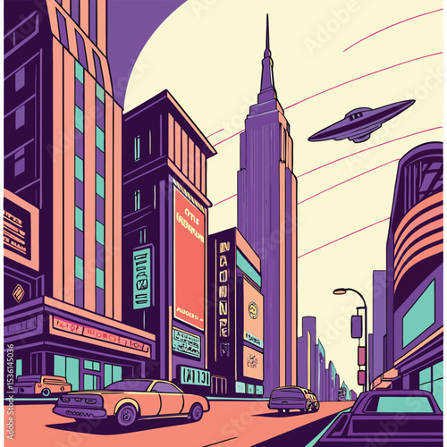 A stylized cityscape illustration with art deco architecture featuring a ufo flying above towering buildings and vintage cars on the streets.