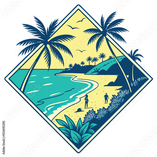 Vector illustration of a tropical beach scene framed within a diamond shape featuring palm trees and a calming ocean view.