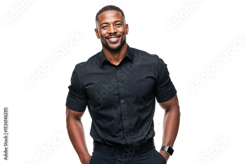 Confident smiling black man in short sleeve shirt isolated on transparent background