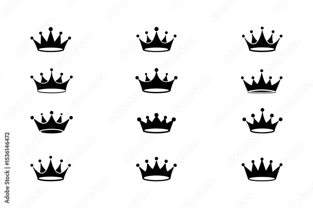 Collection of Simple Black Crown Icons for Design.Crown logo,Crown icon set,Crown vector,A simple black and white illustration showing three black crown silhouettes arranged horizontally. Collection of Simple Black Crown Icons for Design.Crown logo,Crown icon set,Crown vector,A simple black and white illustration showing three black crown silhouettes arranged horizontally.