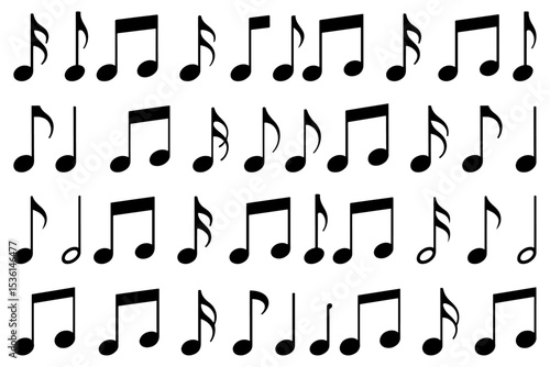 Collection of Musical Notes Black and White.Music icon,Music logo,Music vector,Music icon set,A simple black and white illustration of musical notation symbols arranged horizontally