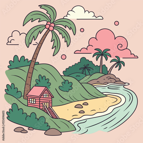 Illustration of a serene tropical beach scene featuring a charming wooden cabin, swaying palm trees, and calming ocean waves.