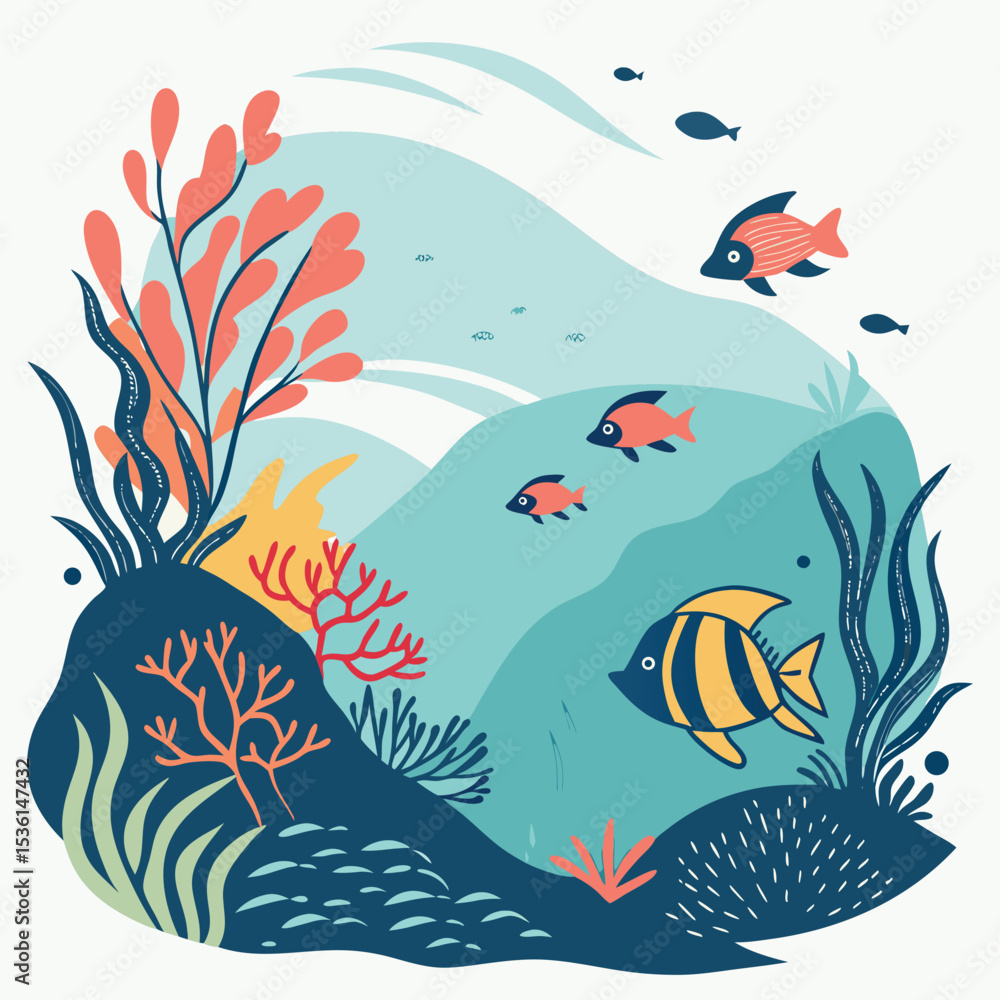 Fototapeta premium Colorful underwater scene depicting playful fish swimming among coral and seaweed in a charming marine environment