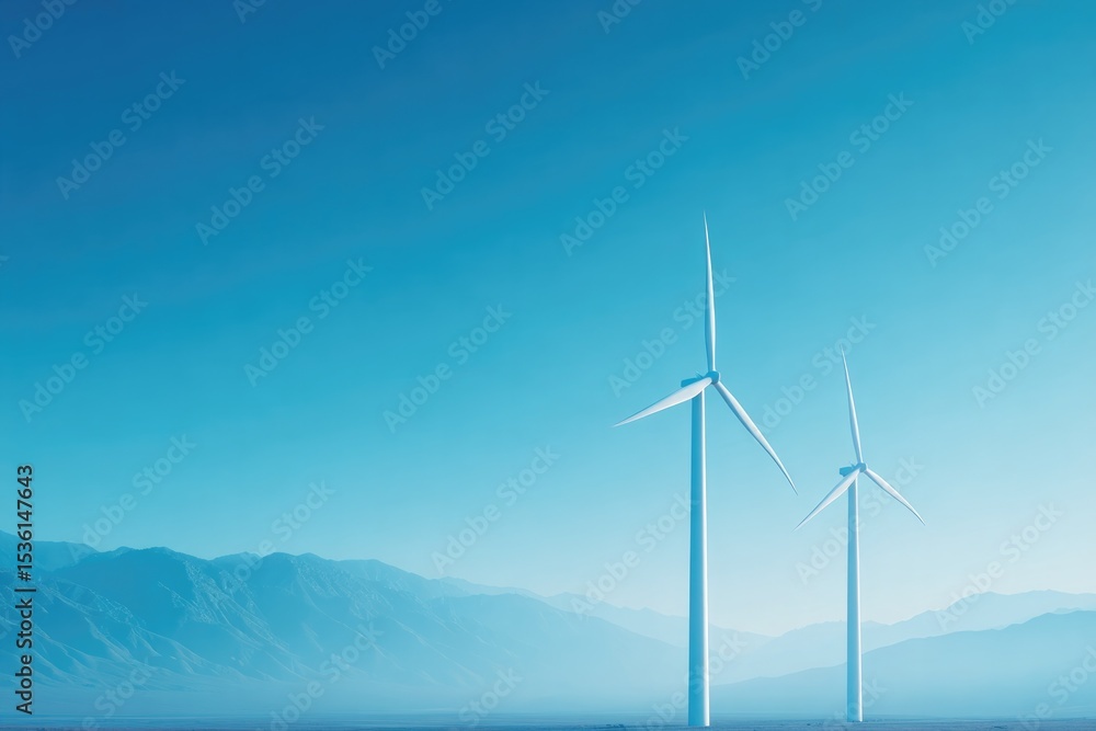 Obraz premium minimalistic landscape showing wind turbines on horizon capturing renewable energy symbols with vast clear sky